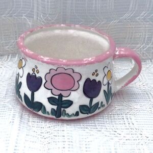 Handmade Vintage White Ceramic Soup Mug with Purple and Pink Flowers, Soup Cup